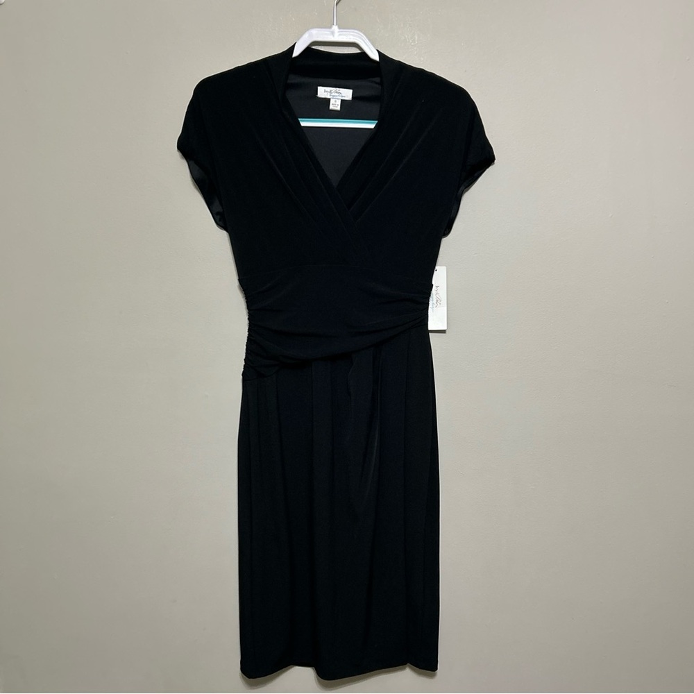Ivy & Blue Womens Dress 6 Black Faux Wrap Skirt Short Sleeve Midi Stretch V Neck